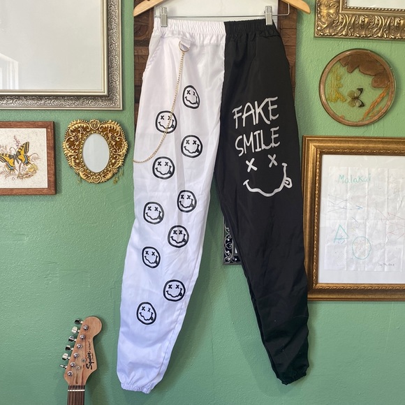 Pants & Jumpsuits Half White Half Black Pants With Smiley Faces And